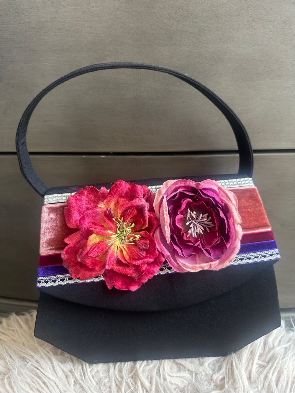 Angela Frascone Black Handbag with Pink & Fuchsia Floral Accent